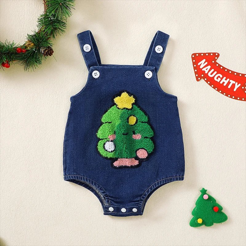 Baby Girls Boys Denim Romper Christmas Tree/Santa Embroidered Sleeveless Straps Bodysuits Overalls Christmas Clothes