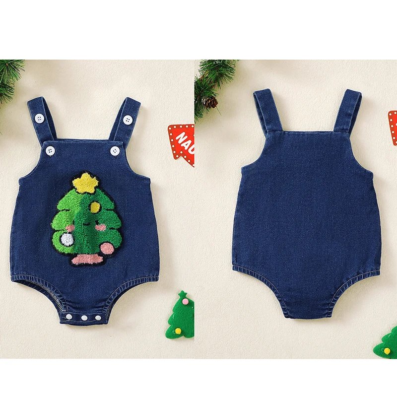 Baby Girls Boys Denim Romper Christmas Tree/Santa Embroidered Sleeveless Straps Bodysuits Overalls Christmas Clothes