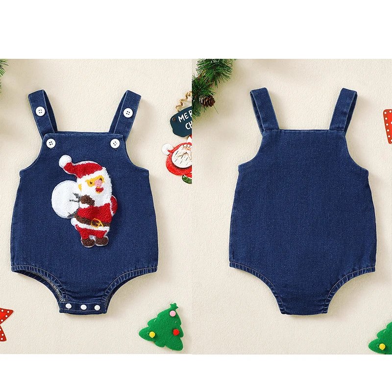 Baby Girls Boys Denim Romper Christmas Tree/Santa Embroidered Sleeveless Straps Bodysuits Overalls Christmas Clothes