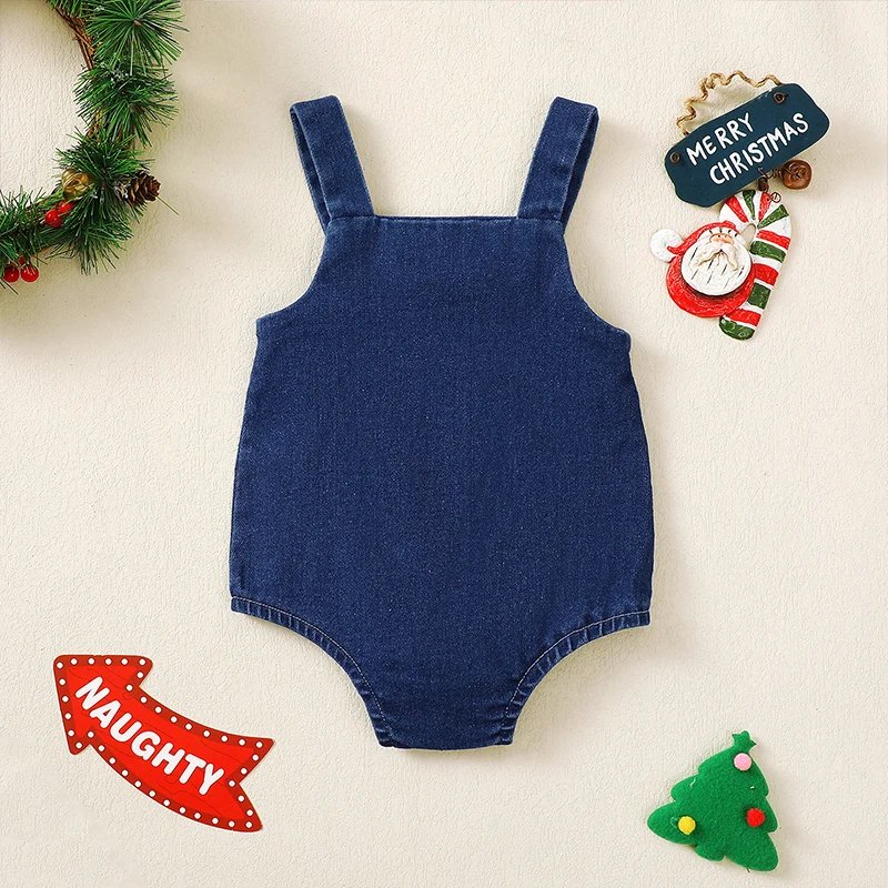 Baby Girls Boys Denim Romper Christmas Tree/Santa Embroidered Sleeveless Straps Bodysuits Overalls Christmas Clothes