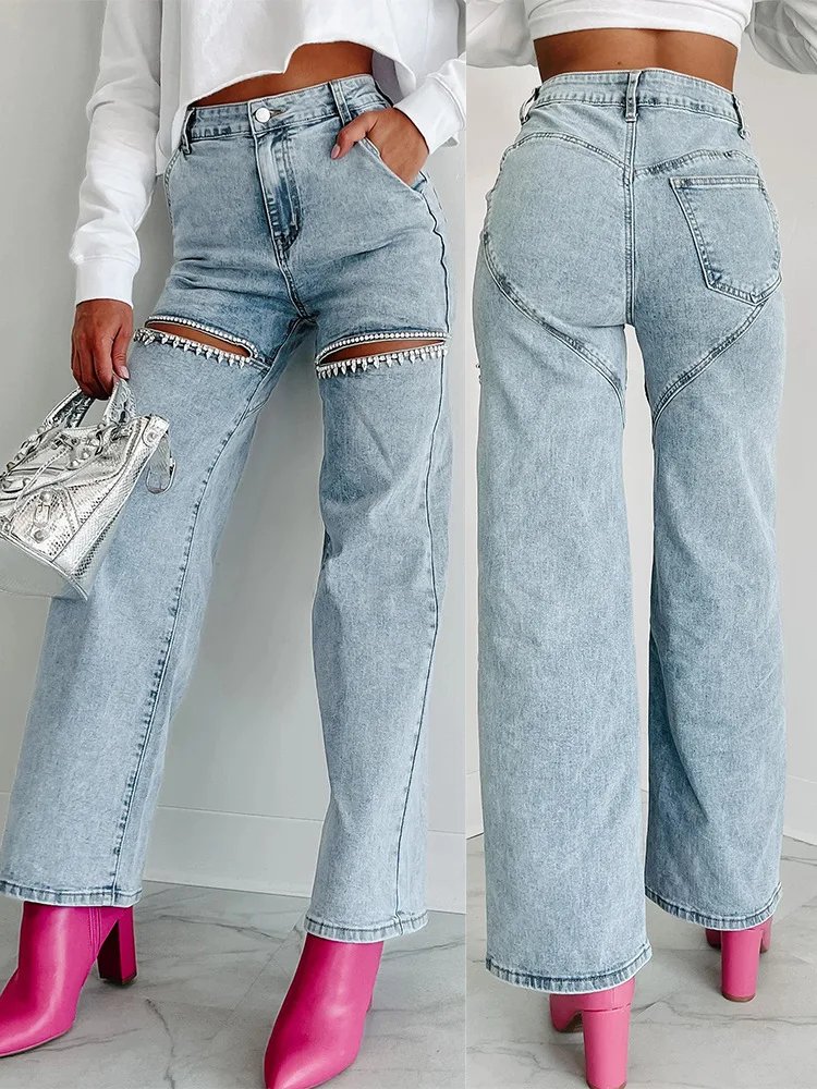 Street Style Leisure Ripped Straight-Leg Pants Female 2024 Spring Summer New Fashion Diamond Women's Jeans High Waisted Jeans