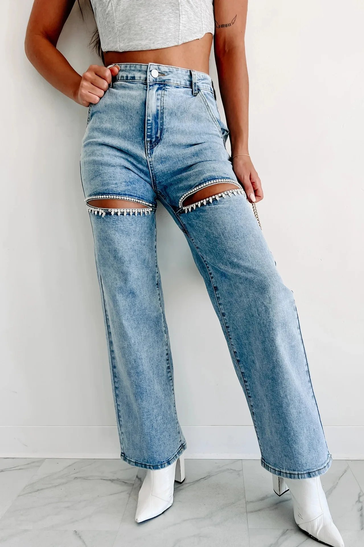 Street Style Leisure Ripped Straight-Leg Pants Female 2024 Spring Summer New Fashion Diamond Women's Jeans High Waisted Jeans