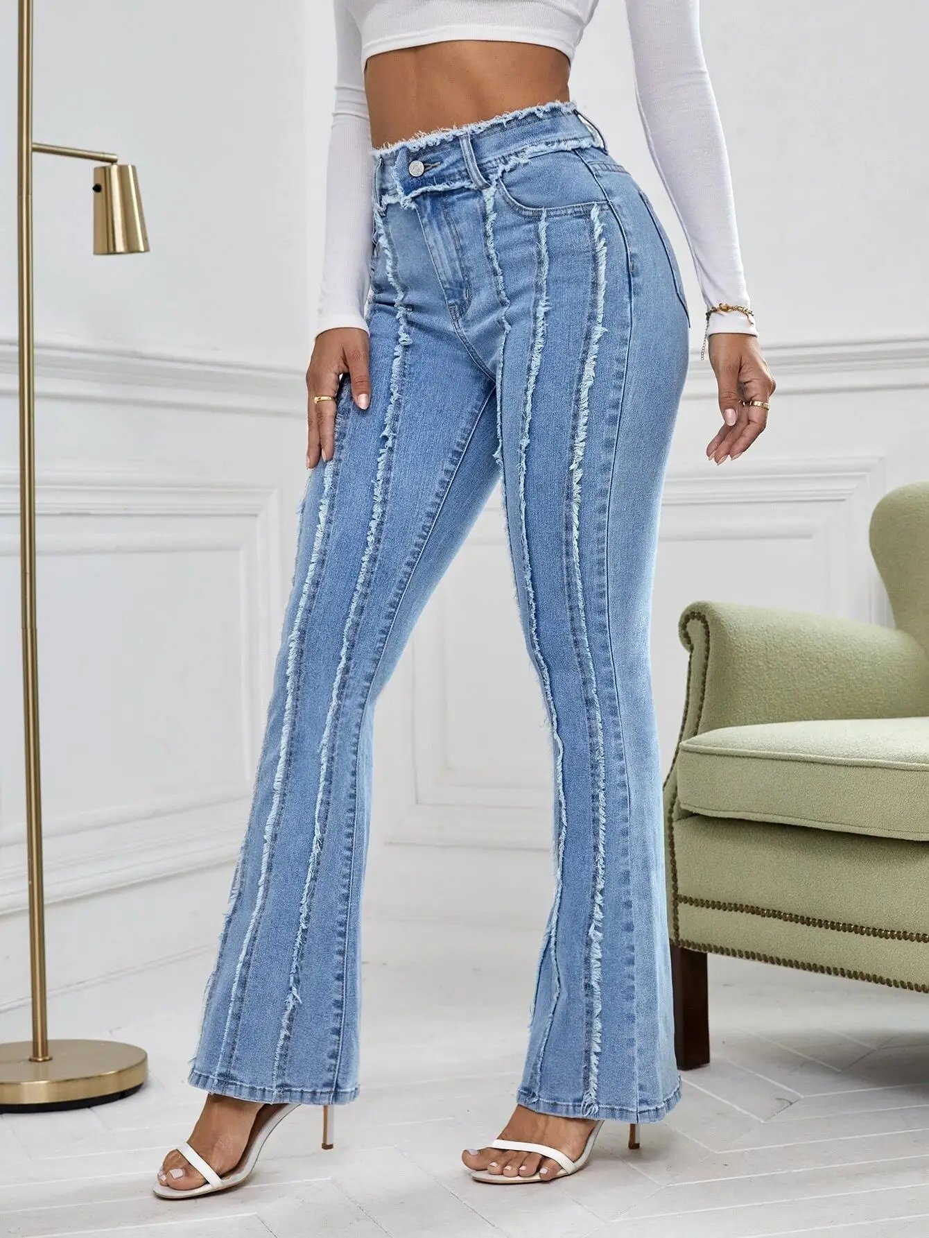 Flare Jeans Women Skinny High Waist Aesthetic Y2k Denim Trousers Vintage Washed Retro Mopping Korean Fashion Street Flash