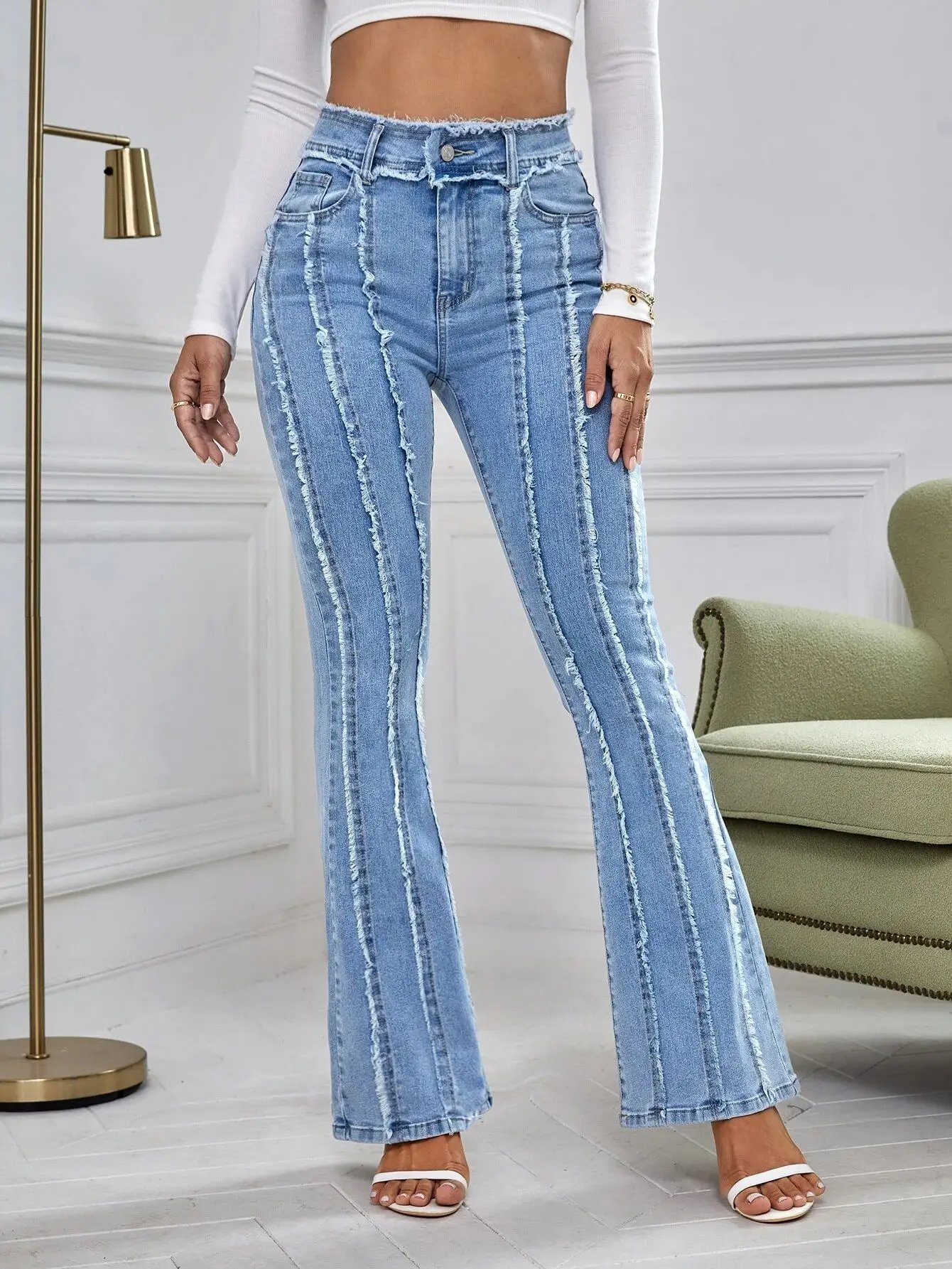 Flare Jeans Women Skinny High Waist Aesthetic Y2k Denim Trousers Vintage Washed Retro Mopping Korean Fashion Street Flash