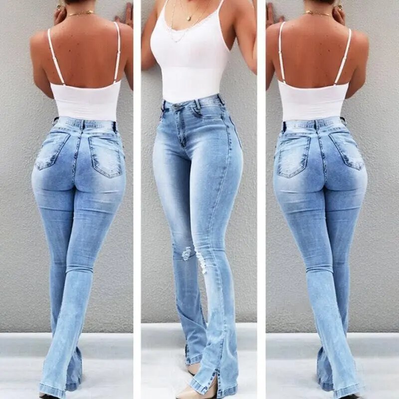 Jeans Flare Pant Women Denim Pencil Long Pants Hip Wrap Elegant Splice Sheath Sexy Trousers High Waist Autumn Slim Fit