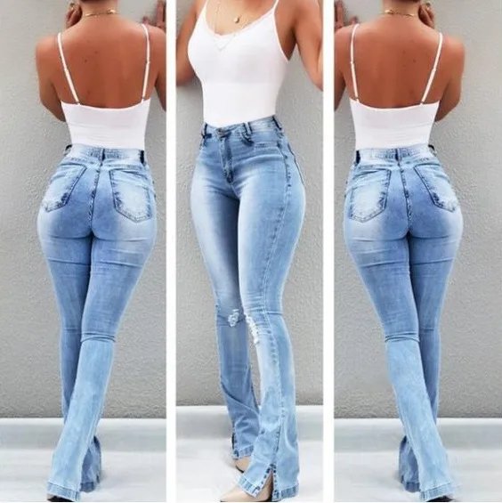 Jeans Flare Pant Women Denim Pencil Long Pants Hip Wrap Elegant Splice Sheath Sexy Trousers High Waist Autumn Slim Fit