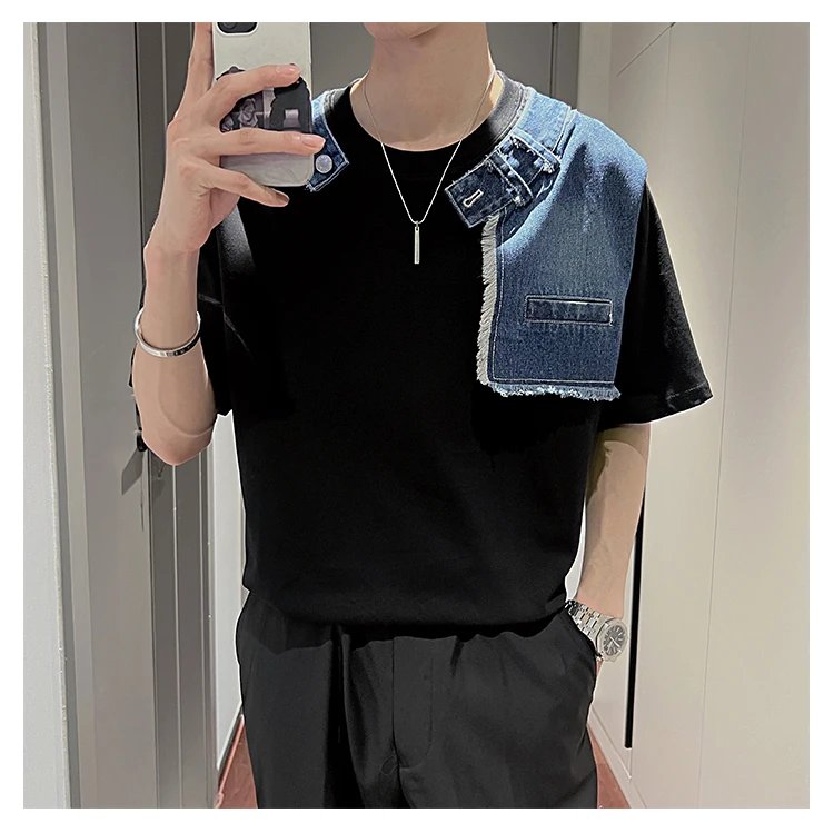 Korean Fake Two-piece Denim Patchwork T-shirt Men Summer Short Sleeve Loose Casual Tshirts Social Streetwear Harajuku T-shirt