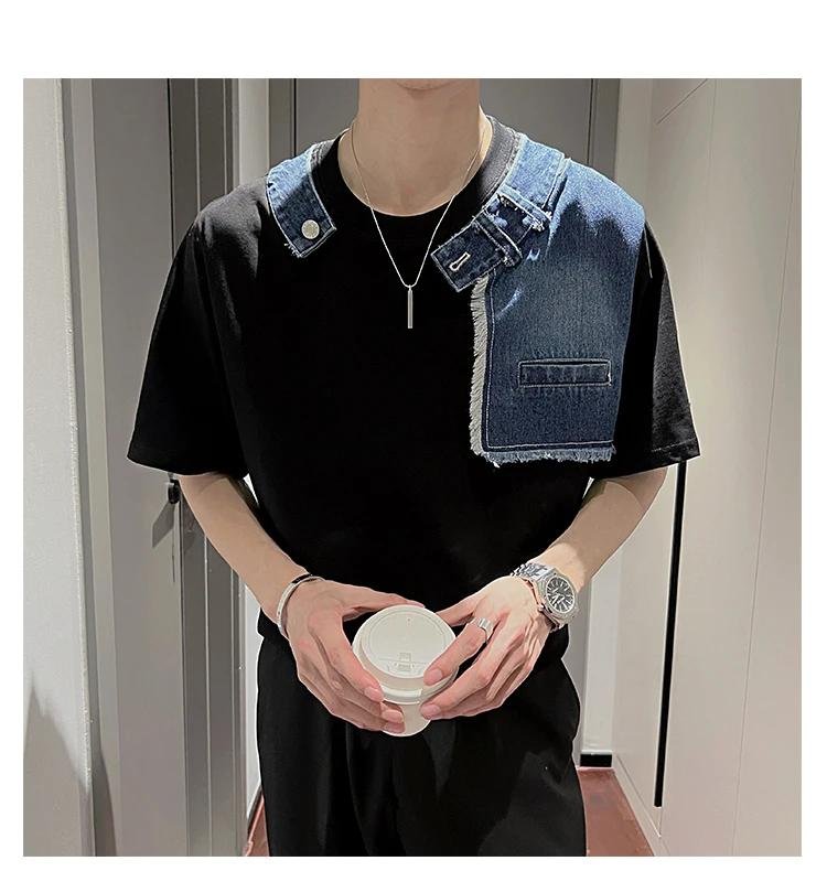 Korean Fake Two-piece Denim Patchwork T-shirt Men Summer Short Sleeve Loose Casual Tshirts Social Streetwear Harajuku T-shirt