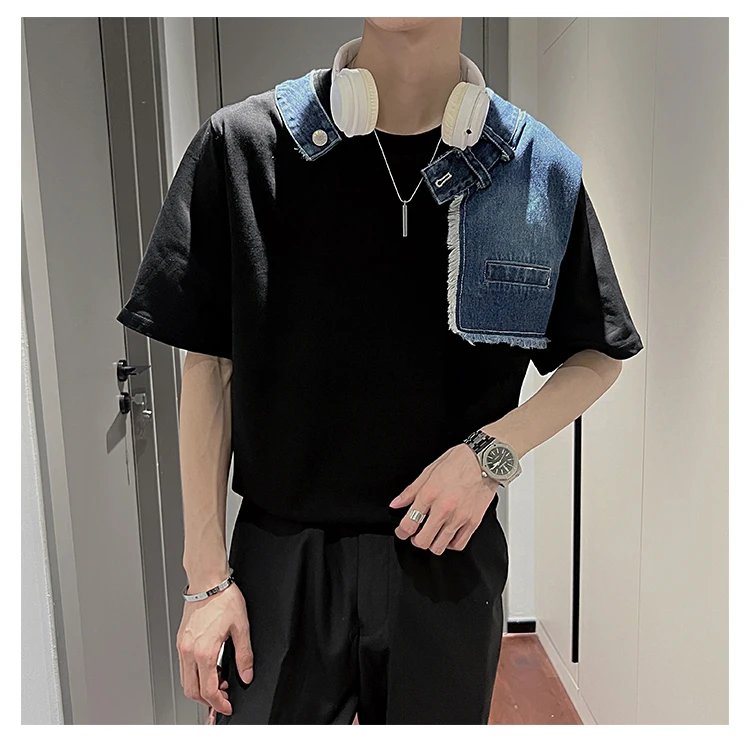 Korean Fake Two-piece Denim Patchwork T-shirt Men Summer Short Sleeve Loose Casual Tshirts Social Streetwear Harajuku T-shirt