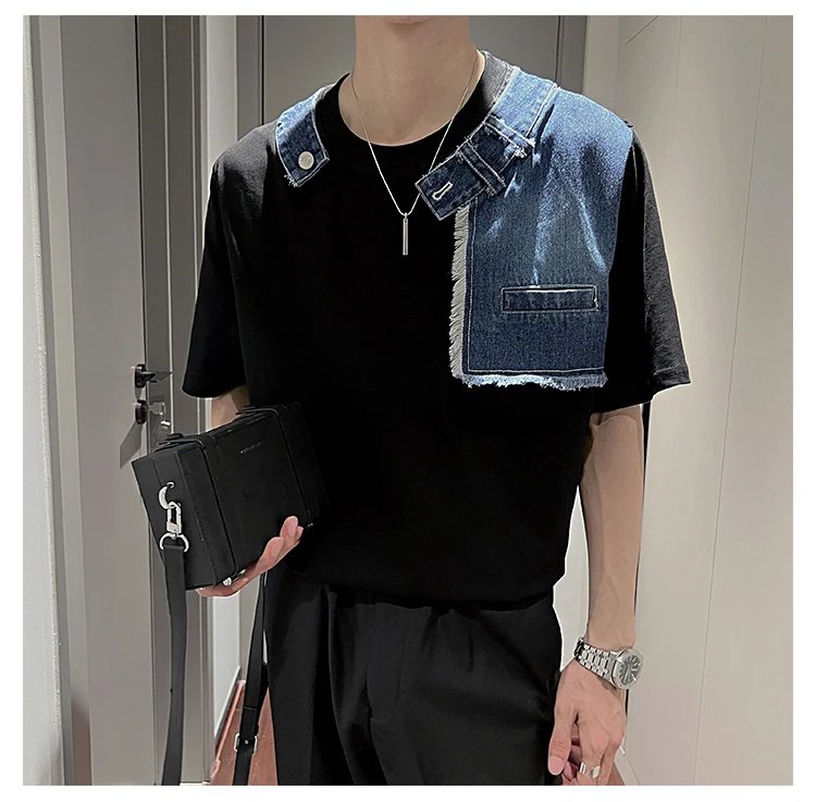 Korean Fake Two-piece Denim Patchwork T-shirt Men Summer Short Sleeve Loose Casual Tshirts Social Streetwear Harajuku T-shirt