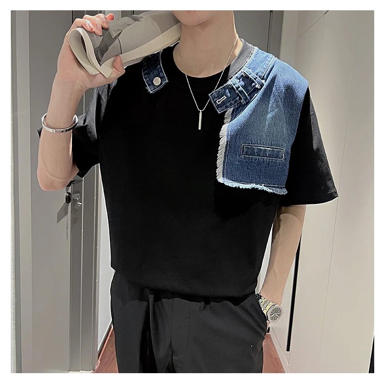 Korean Fake Two-piece Denim Patchwork T-shirt Men Summer Short Sleeve Loose Casual Tshirts Social Streetwear Harajuku T-shirt