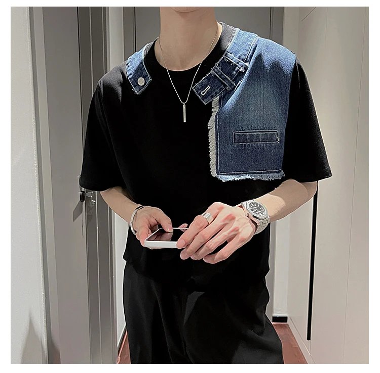 Korean Fake Two-piece Denim Patchwork T-shirt Men Summer Short Sleeve Loose Casual Tshirts Social Streetwear Harajuku T-shirt