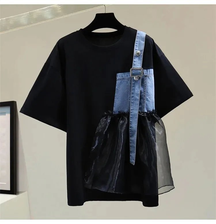 Spring Summer New Design Fashion Short Sleeve O-neck T-shirt Women's Denim Patchwork All-match Black White Lades Tops