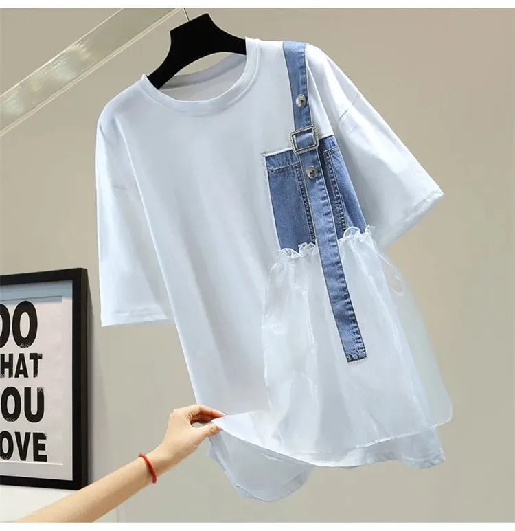 Spring Summer New Design Fashion Short Sleeve O-neck T-shirt Women's Denim Patchwork All-match Black White Lades Tops