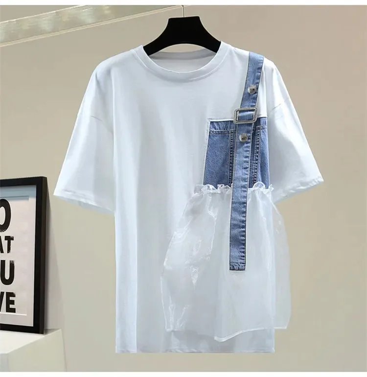 Spring Summer New Design Fashion Short Sleeve O-neck T-shirt Women's Denim Patchwork All-match Black White Lades Tops