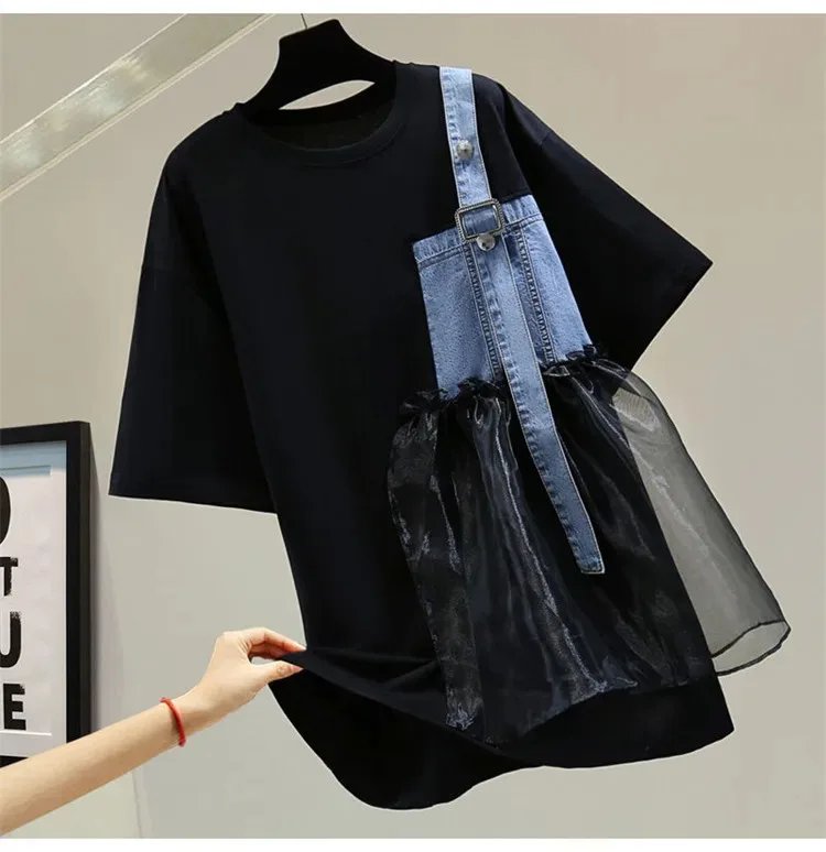 Spring Summer New Design Fashion Short Sleeve O-neck T-shirt Women's Denim Patchwork All-match Black White Lades Tops