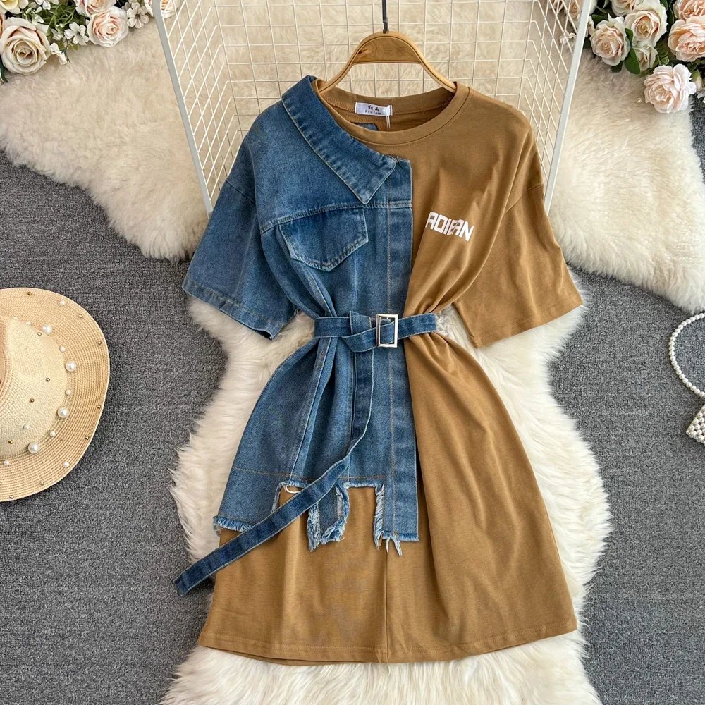 Women Summer Casual T Shirt Short Sleeve Streetwear Patchwork Denim Long Shirts Female O-neck Slim Jeans Tops