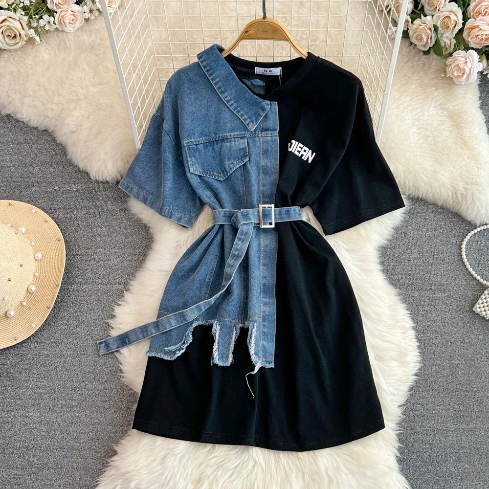 Women Summer Casual T Shirt Short Sleeve Streetwear Patchwork Denim Long Shirts Female O-neck Slim Jeans Tops
