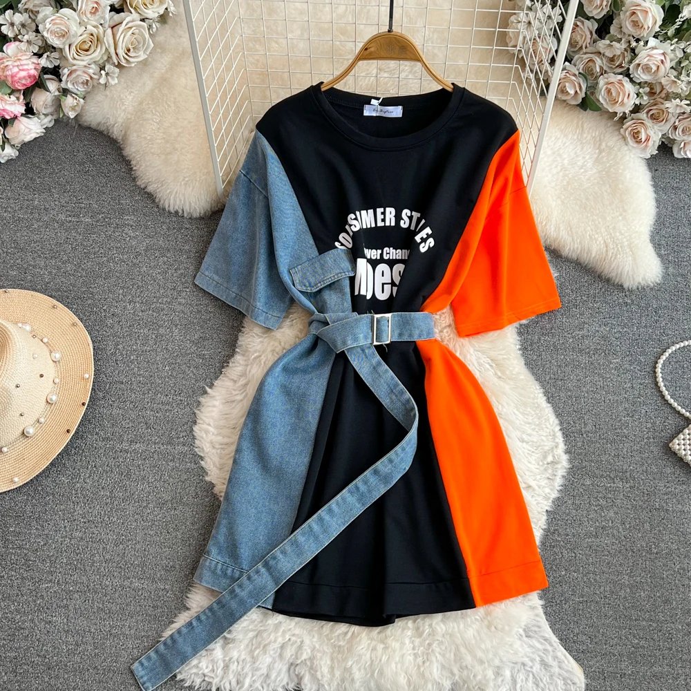 Women Summer Casual T Shirt Short Sleeve Streetwear Patchwork Denim Long Shirts Female O-neck Slim Jeans Tops