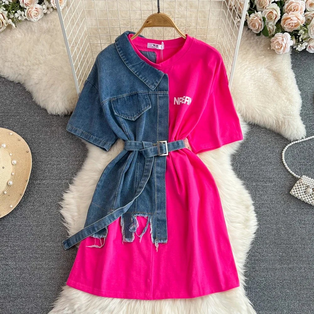 Women Summer Casual T Shirt Short Sleeve Streetwear Patchwork Denim Long Shirts Female O-neck Slim Jeans Tops