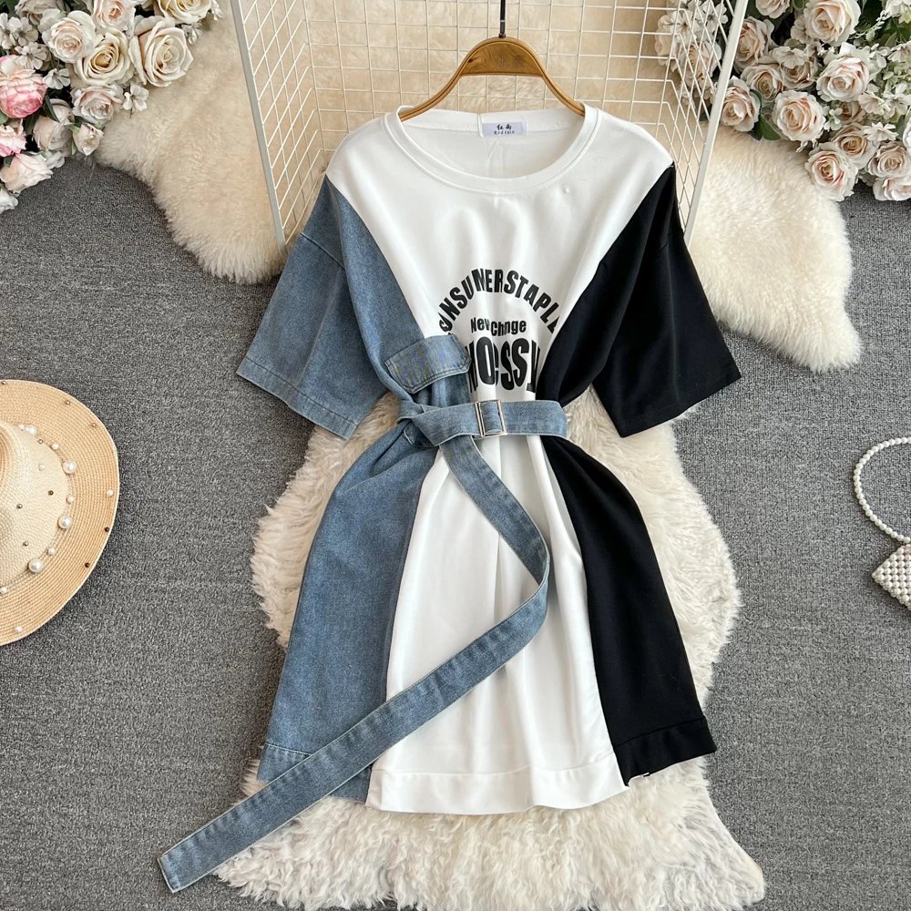 Women Summer Casual T Shirt Short Sleeve Streetwear Patchwork Denim Long Shirts Female O-neck Slim Jeans Tops