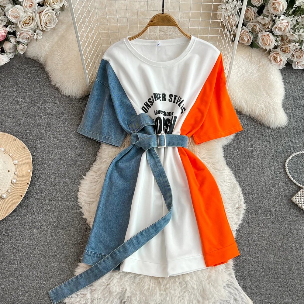 Women Summer Casual T Shirt Short Sleeve Streetwear Patchwork Denim Long Shirts Female O-neck Slim Jeans Tops Women Summer Casual T Shirt Short Sleeve Streetwear Patchwork Denim Long Shirts Female O-neck Slim Jeans Tops