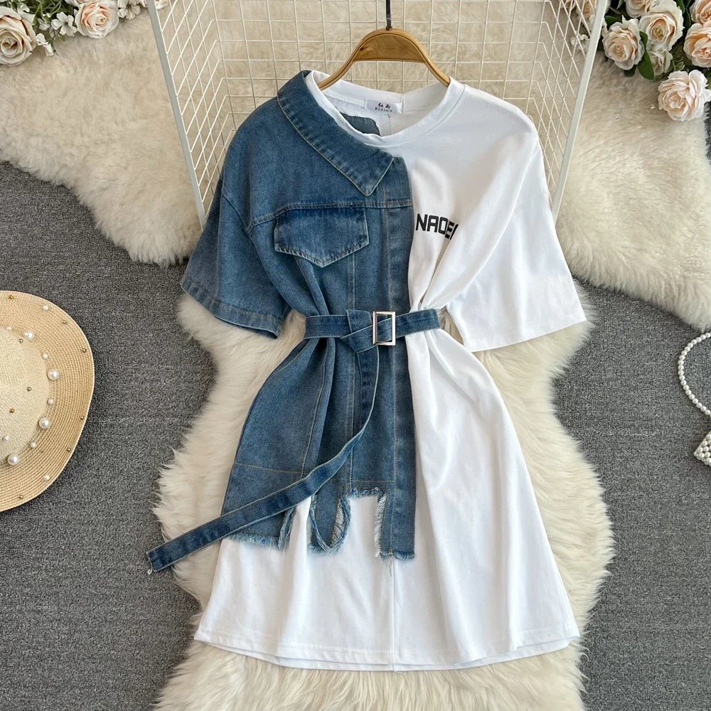 Women Summer Casual T Shirt Short Sleeve Streetwear Patchwork Denim Long Shirts Female O-neck Slim Jeans Tops