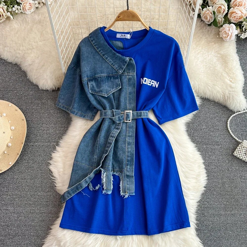 Women Summer Casual T Shirt Short Sleeve Streetwear Patchwork Denim Long Shirts Female O-neck Slim Jeans Tops