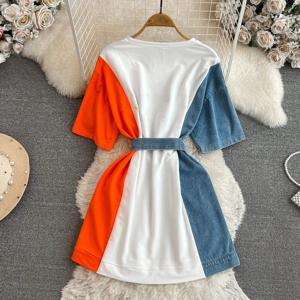 Women Summer Casual T Shirt Short Sleeve Streetwear Patchwork Denim Long Shirts Female O-neck Slim Jeans Tops