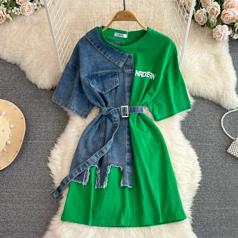 Women Summer Casual T Shirt Short Sleeve Streetwear Patchwork Denim Long Shirts Female O-neck Slim Jeans Tops