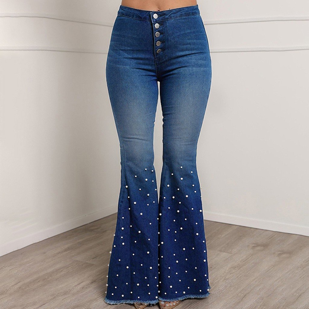 Denim Jeans For Women Plus Size High Waist Jeans Button Tassel Pants Trousers Bell-Bottom Pants Loose Straight Jeans Newjeans