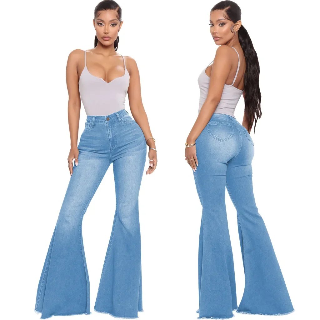 Amazon High-Waisted Slimming Jeans 2024 Spring New Style Women's Bell-Bottom Pants Long Length Solid Color Micro-Flared Design