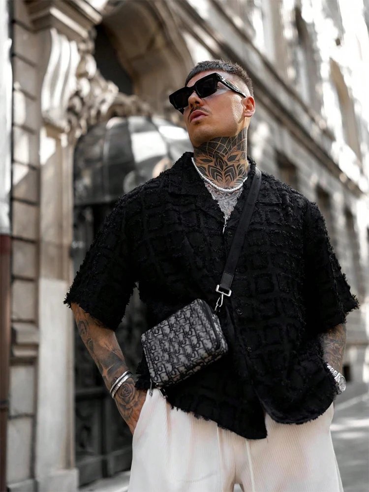 Men's Pure Black Fringed Check Shirt Premium Feeling Gangster Handsome American Raw Edge Shirt