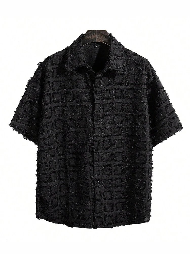 Men's Pure Black Fringed Check Shirt Premium Feeling Gangster Handsome American Raw Edge Shirt