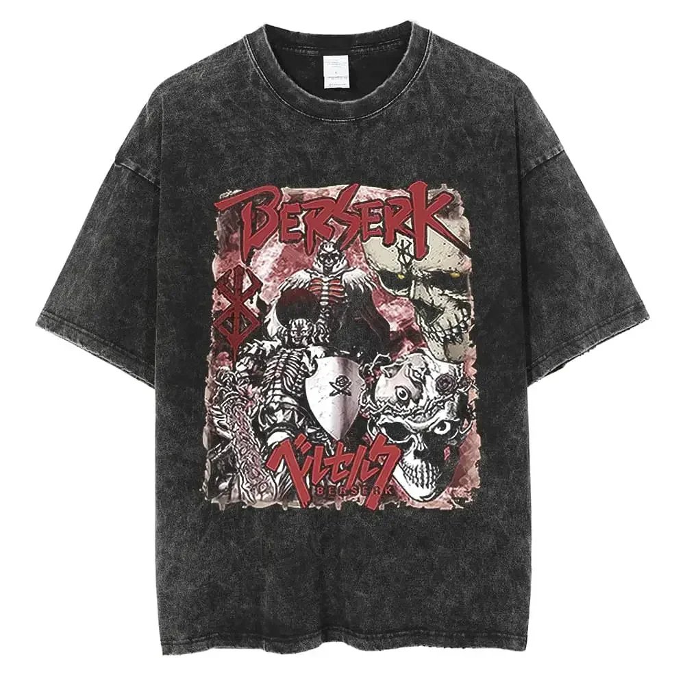 Anime Berserk T Shirt Guts Washed T-Shirt Summer Men Women Casual Loose Short Sleeve Harajuku Cotton TShirt Hip Hop Streetwear