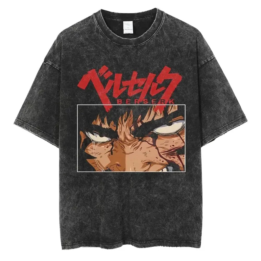 Anime Berserk T Shirt Guts Washed T-Shirt Summer Men Women Casual Loose Short Sleeve Harajuku Cotton TShirt Hip Hop Streetwear