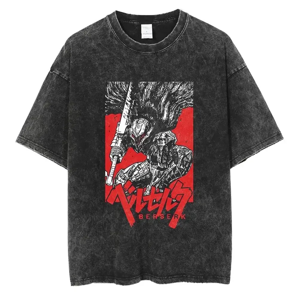 Anime Berserk T Shirt Guts Washed T-Shirt Summer Men Women Casual Loose Short Sleeve Harajuku Cotton TShirt Hip Hop Streetwear