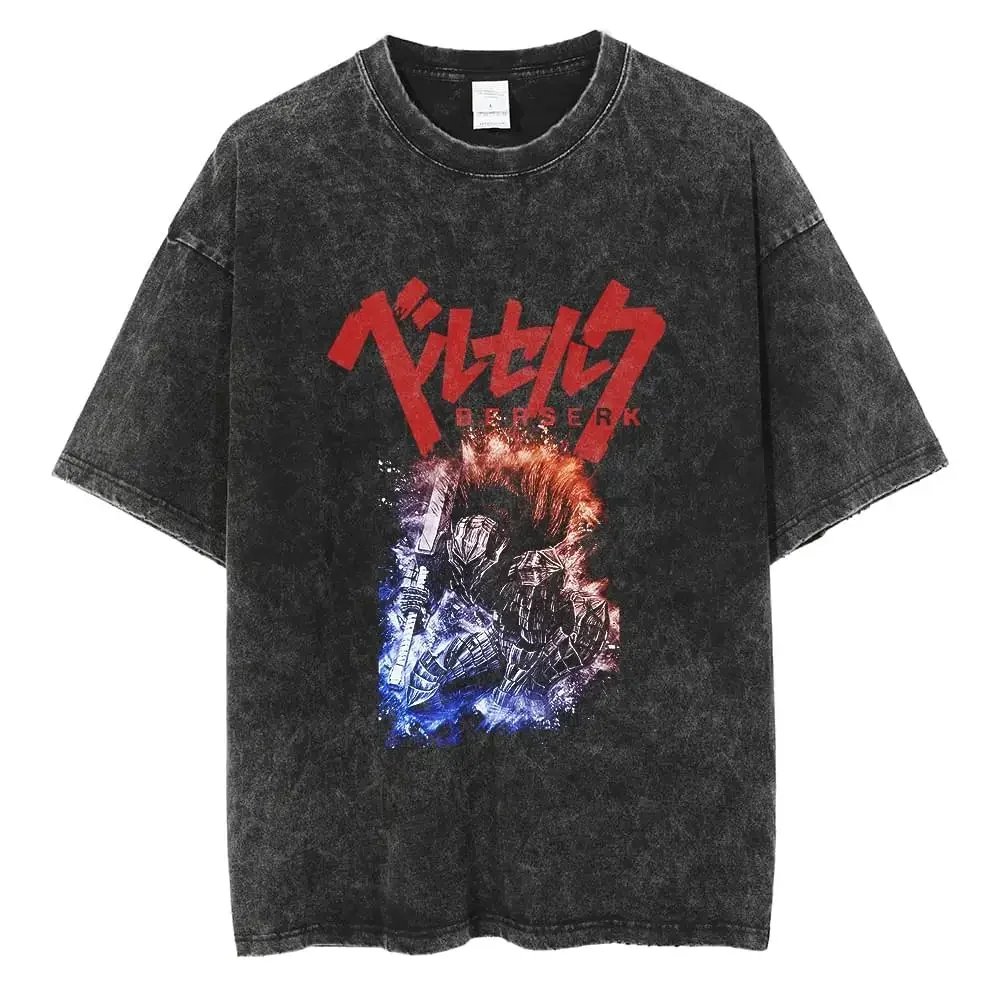 Anime Berserk T Shirt Guts Washed T-Shirt Summer Men Women Casual Loose Short Sleeve Harajuku Cotton TShirt Hip Hop Streetwear