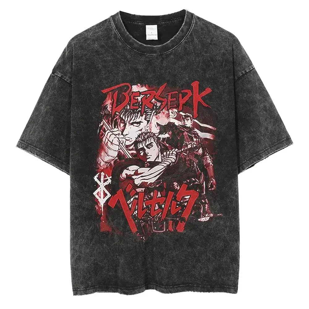 Anime Berserk T Shirt Guts Washed T-Shirt Summer Men Women Casual Loose Short Sleeve Harajuku Cotton TShirt Hip Hop Streetwear