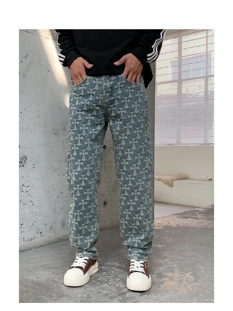 High Quality 2024 New Vintage Blue Jeans Men Loosen Plaid Jacquard Pants Luxury Design Y2k Wide Leg Trousers Fall & Winter