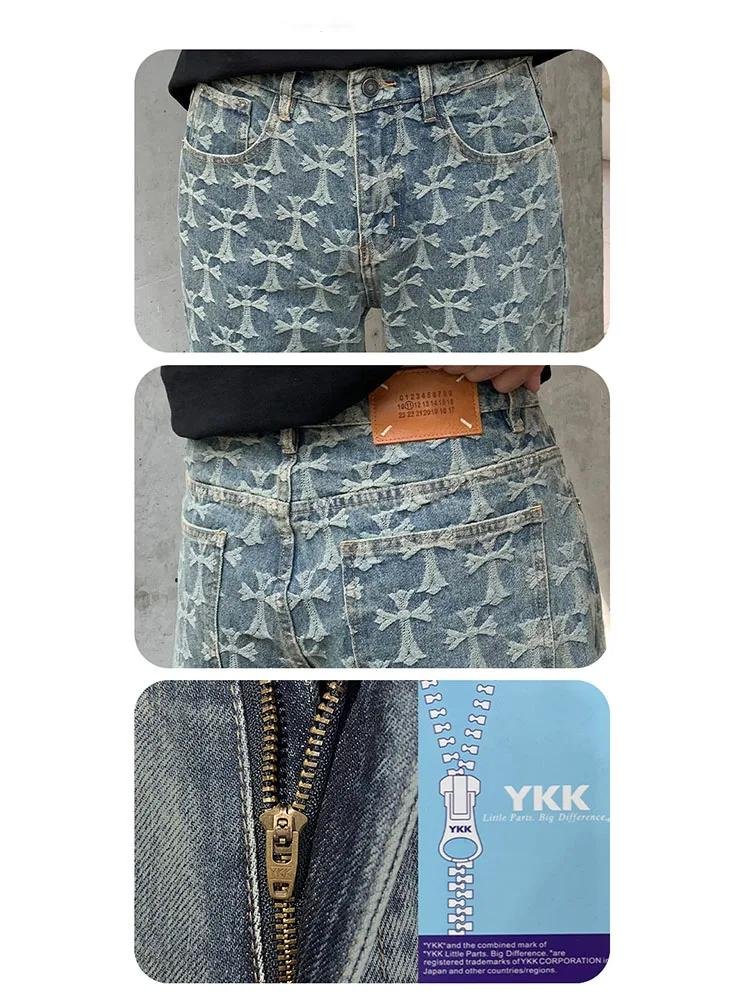 High Quality 2024 New Vintage Blue Jeans Men Loosen Plaid Jacquard Pants Luxury Design Y2k Wide Leg Trousers Fall & Winter