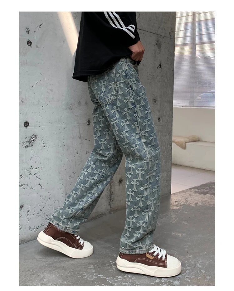 High Quality 2024 New Vintage Blue Jeans Men Loosen Plaid Jacquard Pants Luxury Design Y2k Wide Leg Trousers Fall & Winter