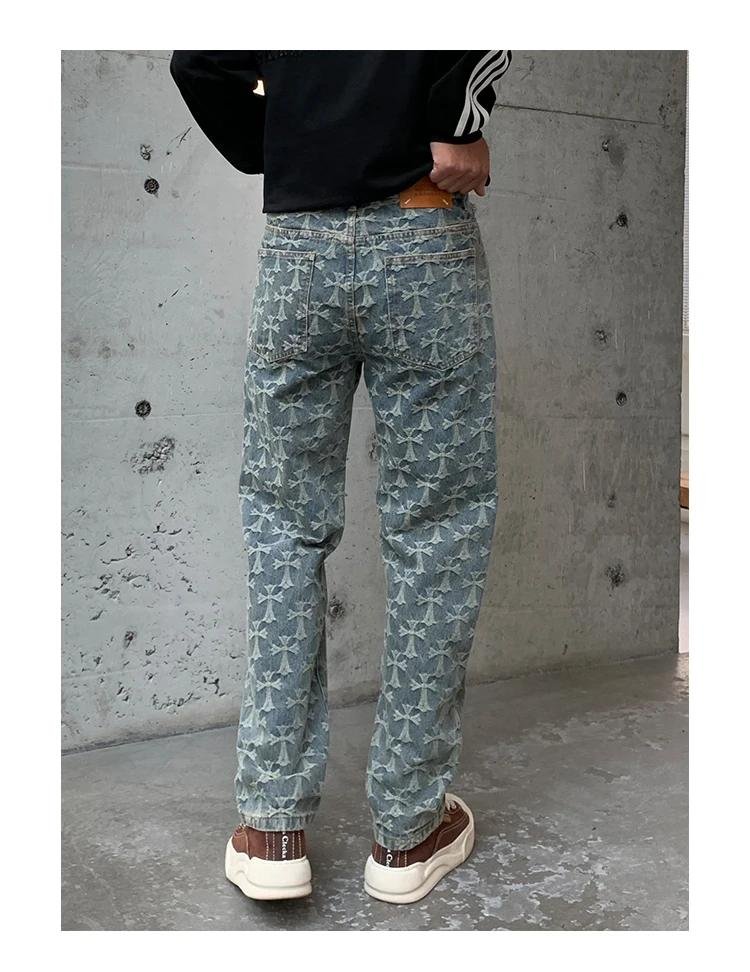 High Quality 2024 New Vintage Blue Jeans Men Loosen Plaid Jacquard Pants Luxury Design Y2k Wide Leg Trousers Fall & Winter