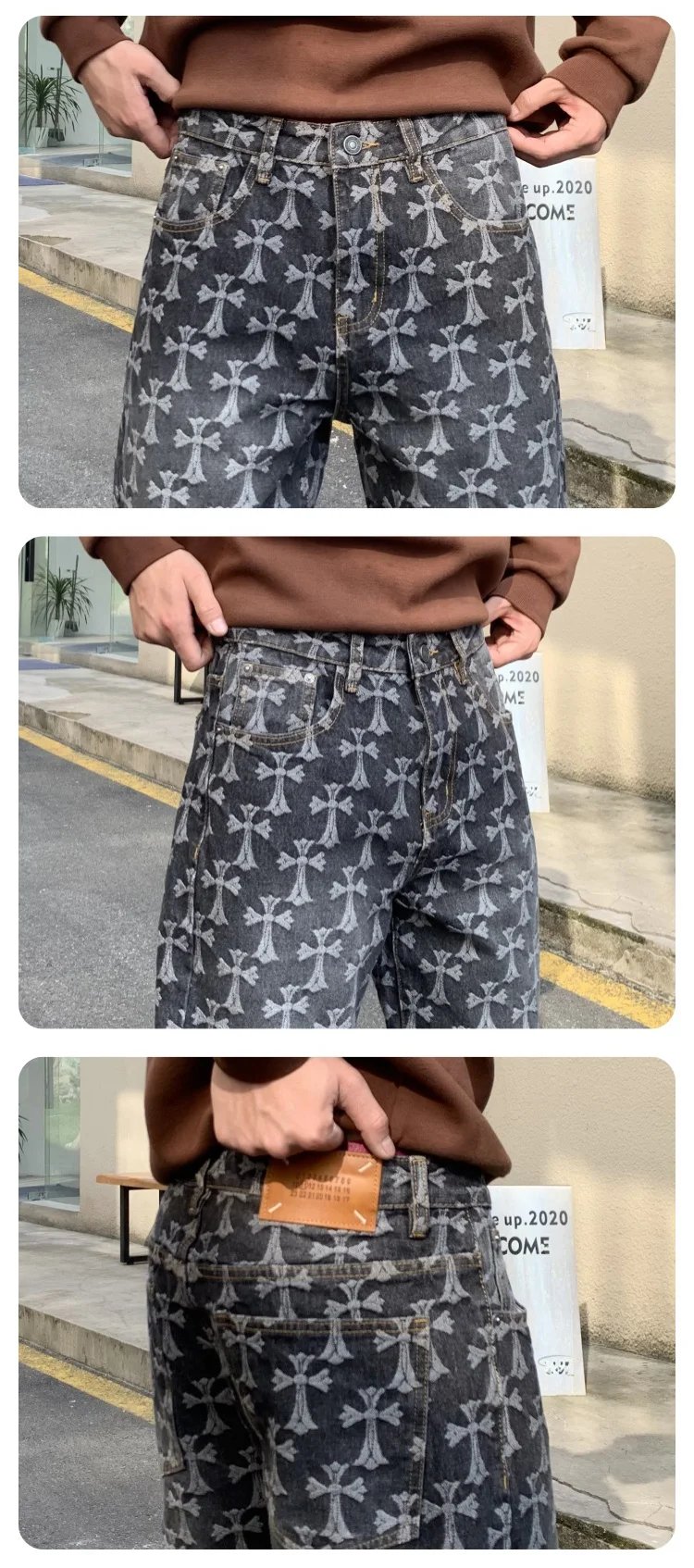 High Quality 2024 New Vintage Blue Jeans Men Loosen Plaid Jacquard Pants Luxury Design Y2k Wide Leg Trousers Fall & Winter