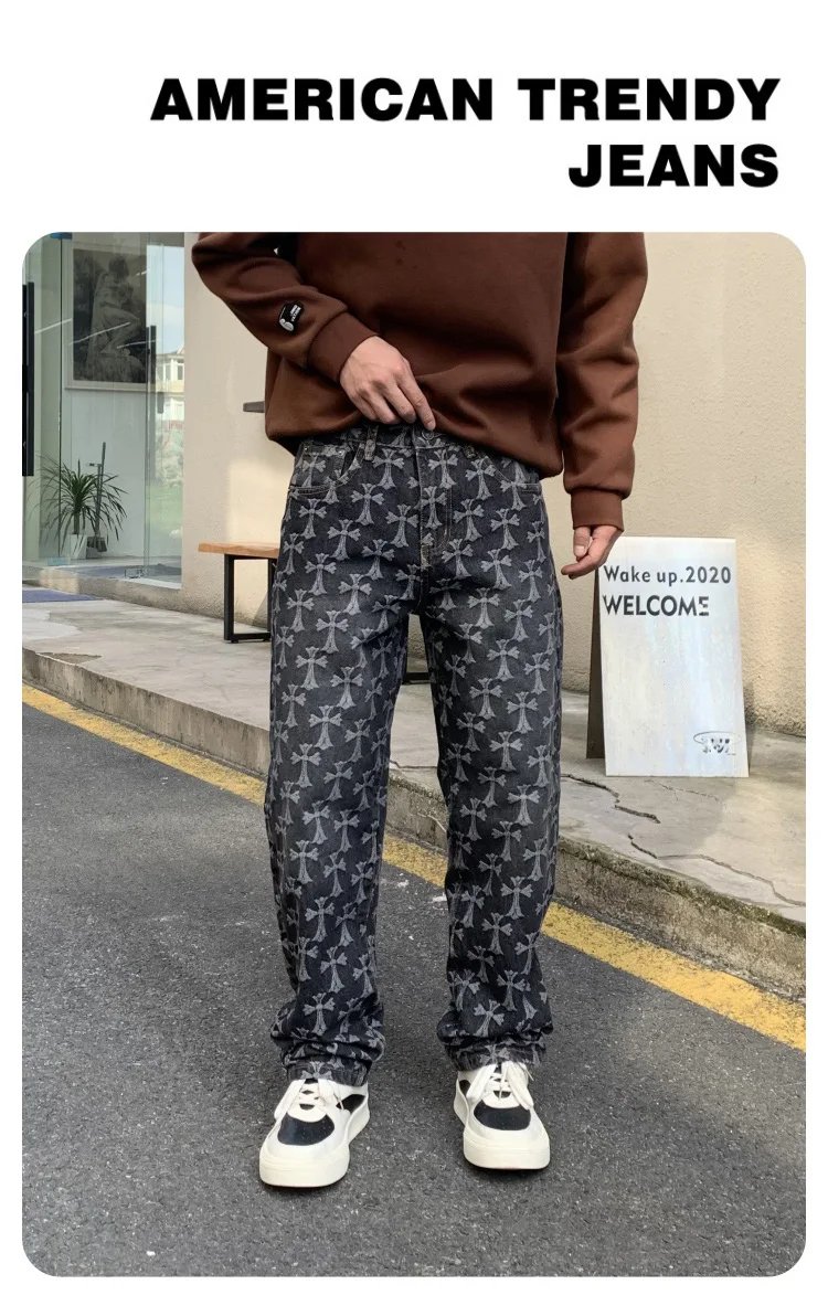 High Quality 2024 New Vintage Blue Jeans Men Loosen Plaid Jacquard Pants Luxury Design Y2k Wide Leg Trousers Fall & Winter