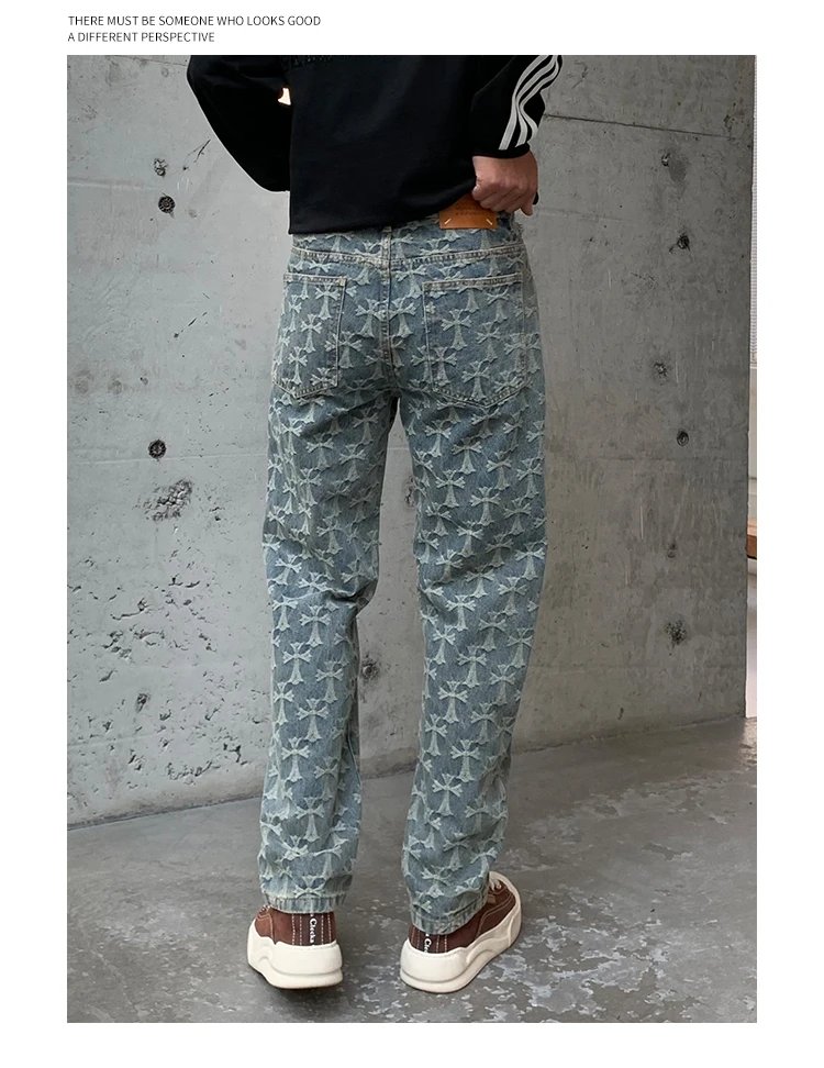 High Quality 2024 New Vintage Blue Jeans Men Loosen Plaid Jacquard Pants Luxury Design Y2k Wide Leg Trousers Fall & Winter