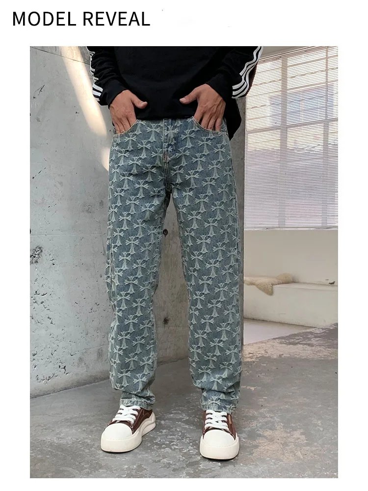 High Quality 2024 New Vintage Blue Jeans Men Loosen Plaid Jacquard Pants Luxury Design Y2k Wide Leg Trousers Fall & Winter
