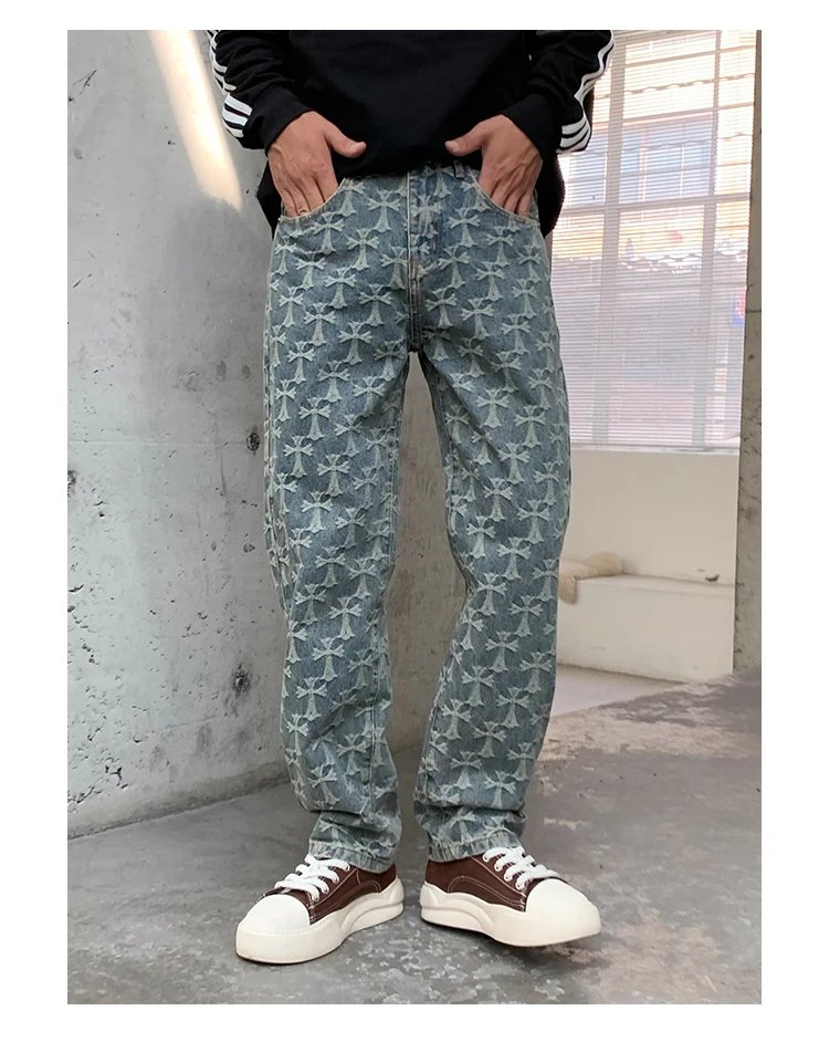 High Quality 2024 New Vintage Blue Jeans Men Loosen Plaid Jacquard Pants Luxury Design Y2k Wide Leg Trousers Fall & Winter