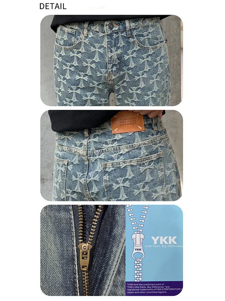 High Quality 2024 New Vintage Blue Jeans Men Loosen Plaid Jacquard Pants Luxury Design Y2k Wide Leg Trousers Fall & Winter