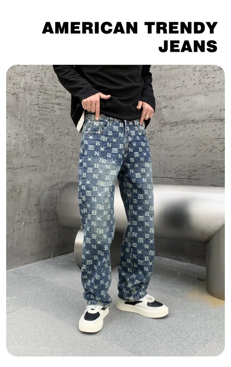 New trendy loose letter straight leg blue washed denim jeans